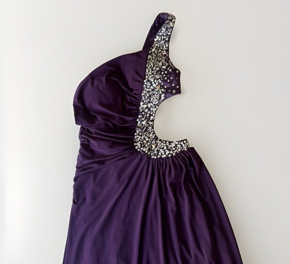 Nox Anabel Purple One Shoulder Prom Dress Gown Cutout Rhinestone Beaded XS Chic - Picture 2 of 14